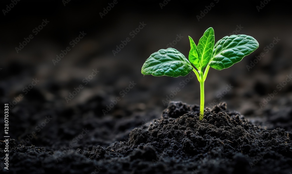 Green seedling emerging from dark soil symbolizing growth and new beginnings Green seedling emerging from dark soil symbolizing growth and new beginnings
