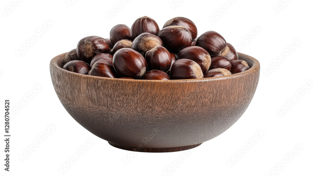 Chestnuts in a wooden bowl ready for roasting and holiday gatherings during autumn festivities Chestnuts in a wooden bowl ready for roasting and holiday gatherings during autumn festivities