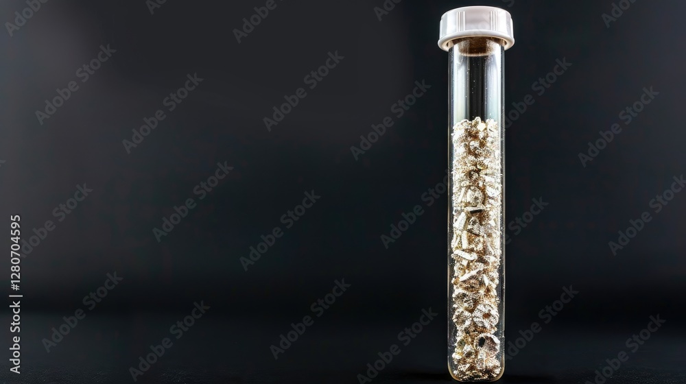 A test tube filled with sparkling white and gold particles against a black background A test tube filled with sparkling white and gold particles against a black background
