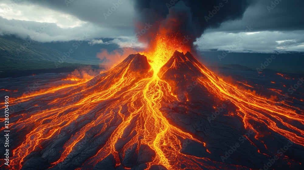 Erupting volcano lava flowing down sides during explosive activity in a dramatic landscape of dark clouds and bright molten rock Erupting volcano lava flowing down sides during explosive activity in a dramatic landscape of dark clouds and bright molten rock