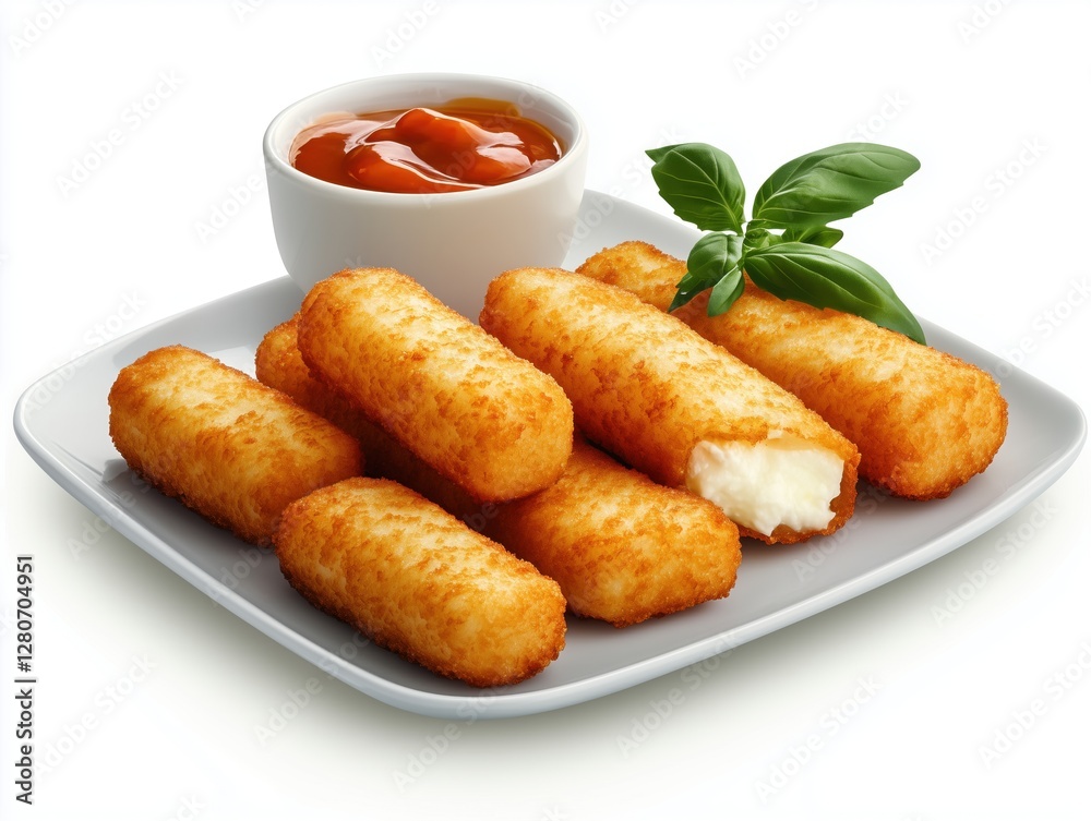Fried mozzarella cheese sticks on plate with dipping sauce isolated on white background for a delicious snack experience Fried mozzarella cheese sticks on plate with dipping sauce isolated on white background for a delicious snack experience