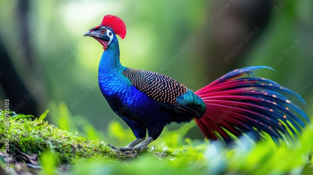 Obraz premium Siamese Fireback captured mid-step, elegant and poised against a lush, green jungle floor