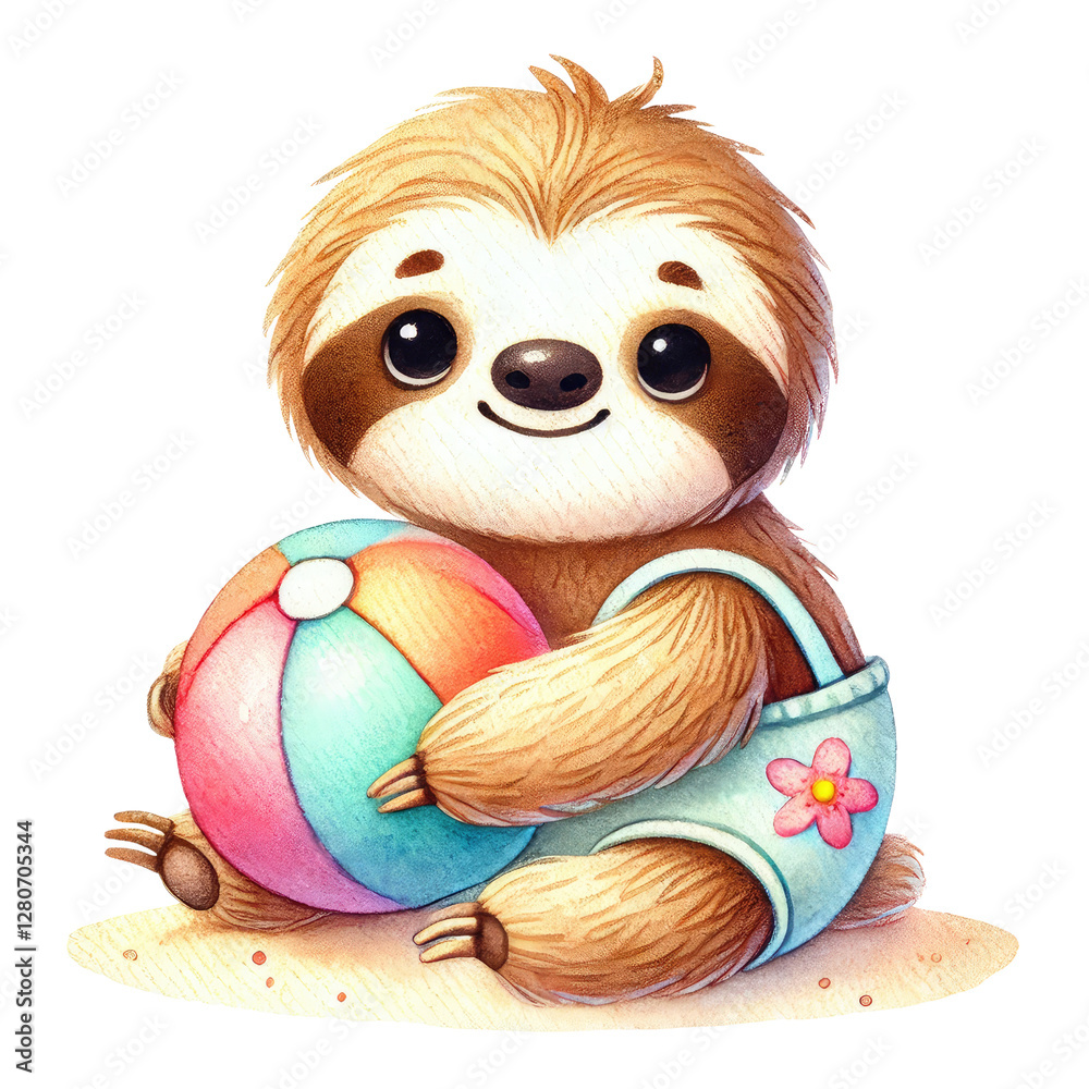 Obraz premium watercolor A cute cartoon sloth, summer theme, sea , beach, vacation time, Cute sloth in swimming.