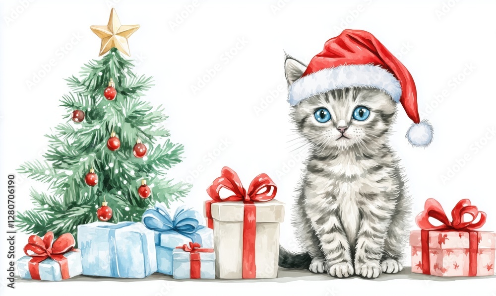 Cute kitten wearing Santa hat beside Christmas tree and wrapped gifts Cute kitten wearing Santa hat beside Christmas tree and wrapped gifts