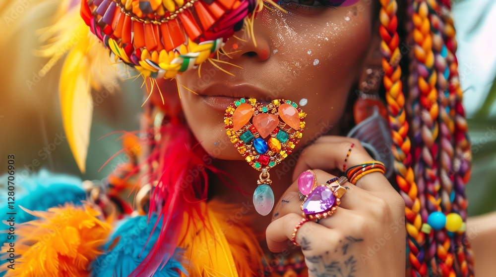 Naklejka premium A close-up shot of a woman wearing a colorful costume and jewelry, with a heart-shaped pendant near her mouth.