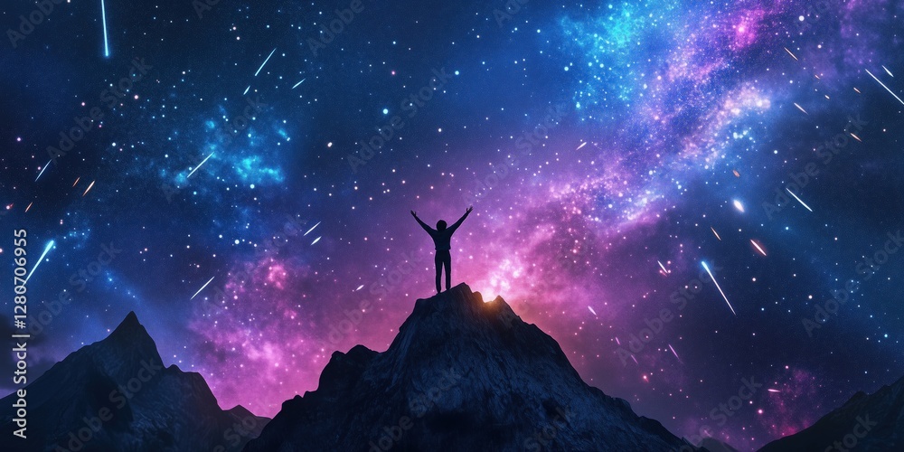 Person standing on mountain peak under vibrant cosmic sky filled with stars and galaxies Person standing on mountain peak under vibrant cosmic sky filled with stars and galaxies
