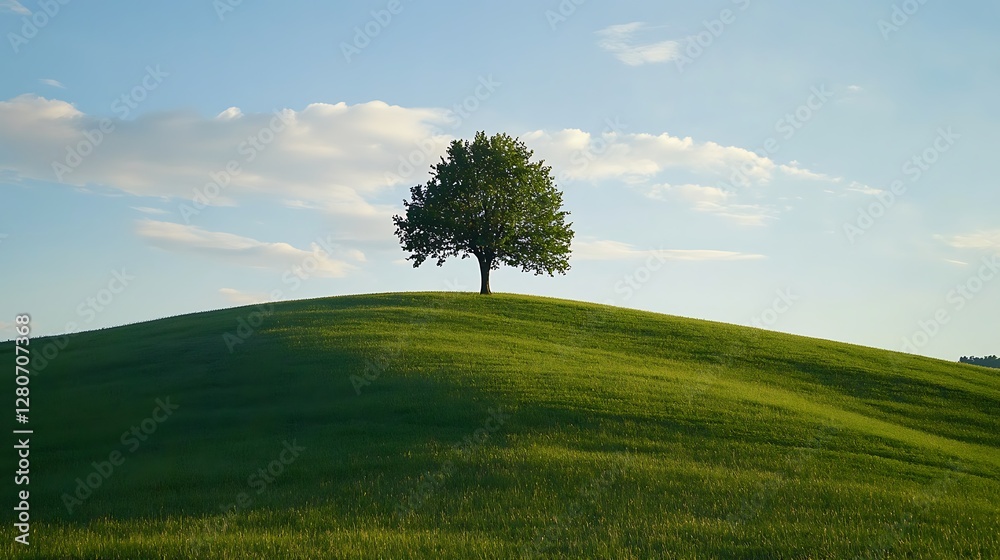 A solitary green tree stands upon a grassy hill A solitary green tree stands upon a grassy hill