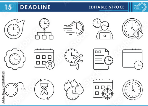 A set of line icons related to Deadline. Time, clock, finish, interval, hourglass, run, speed, and so on. Vector editable stroke.