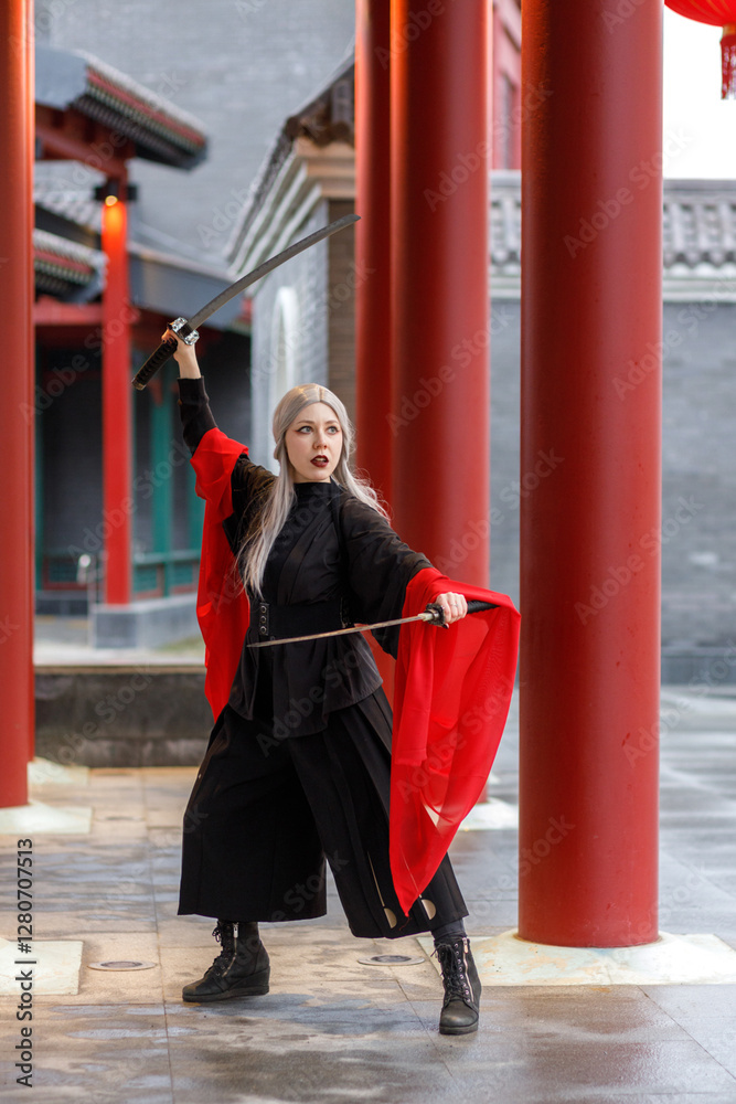 A warrior girl in a Chinese costume practices wushu kung fu with weapons in an open area. National martial art.