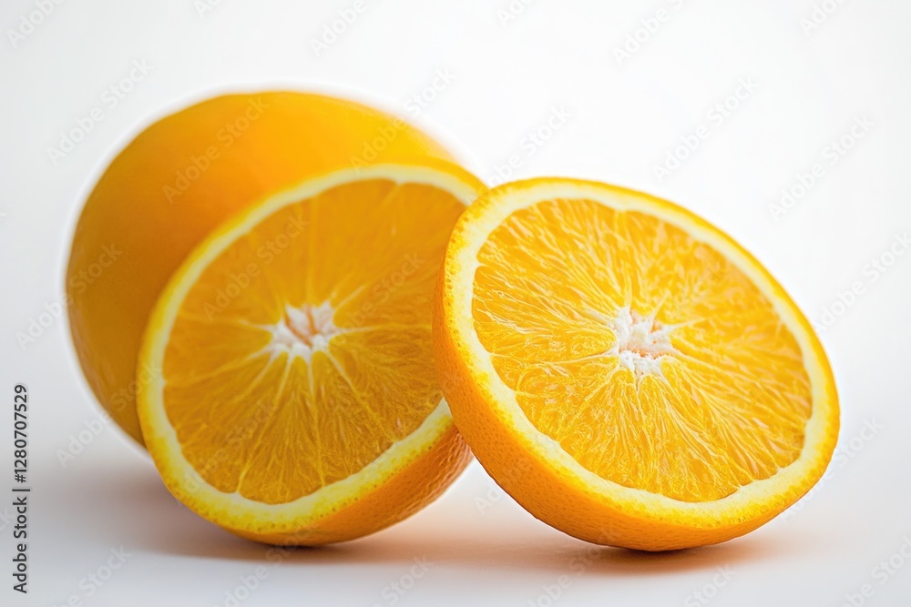 Fototapeta premium Freshly cut oranges on a clean white surface, ideal for still life photography or food styling