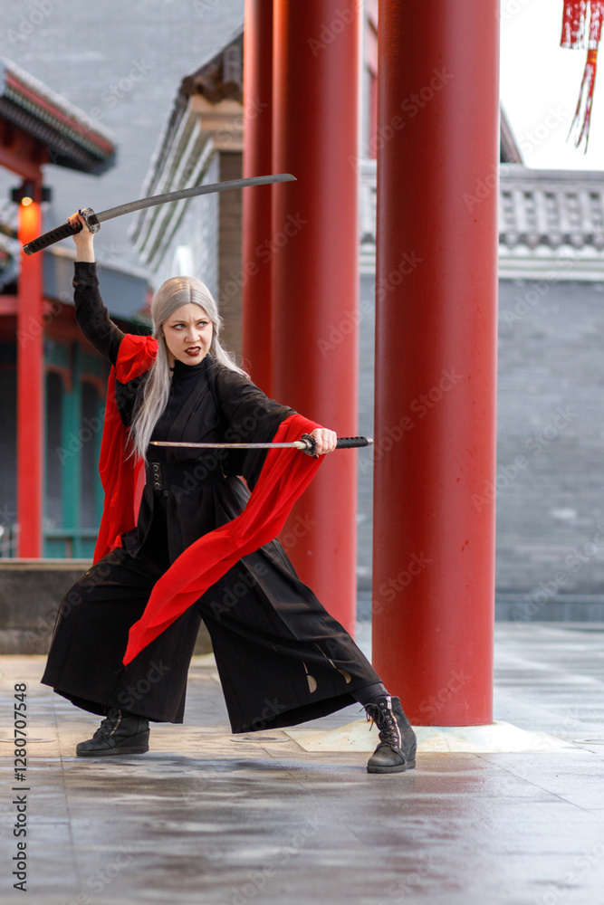 A warrior girl in a Chinese costume practices wushu kung fu with weapons in an open area. National martial art.