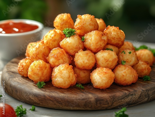 Crispy tater tots with savory dipping sauce served on wooden plate in rustic setting