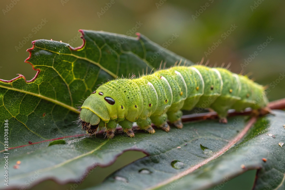 Green caterpillar on leaf, showcasing its detailed anatomy and texture Green caterpillar on leaf, showcasing its detailed anatomy and texture