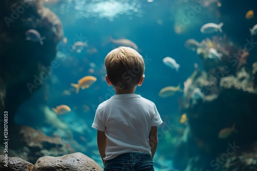 A little boy in a white T-shirt and jeans, looking down at the water of an aquarium with fish swimming around