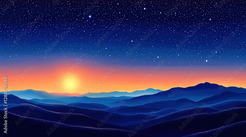 sunset transitioning into a deep blue night sky filled with twinkling stars. sunset transitioning into a deep blue night sky filled with twinkling stars.