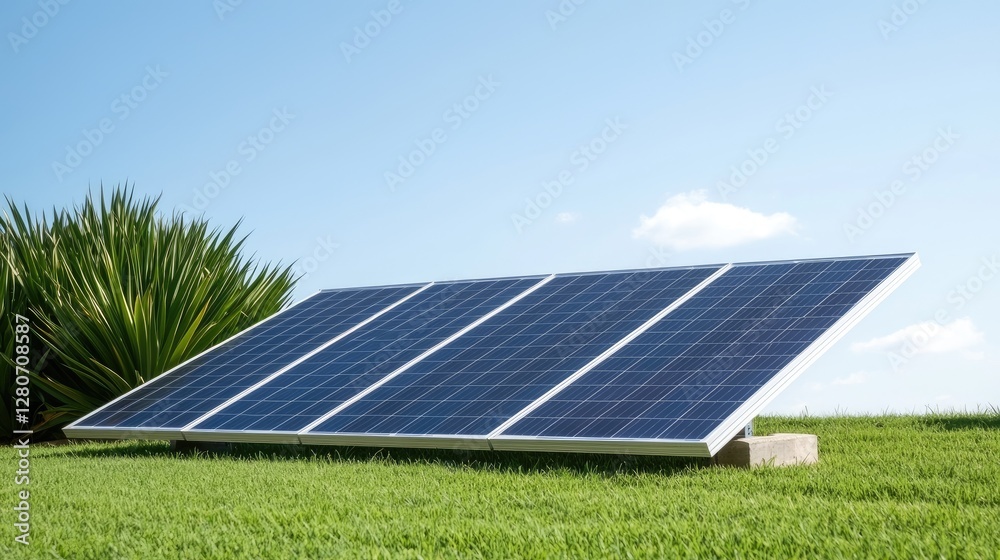 Solar panels on a grassy roof in a sunny day. Possible use for eco-friendly energy Solar panels on a grassy roof in a sunny day. Possible use for eco-friendly energy