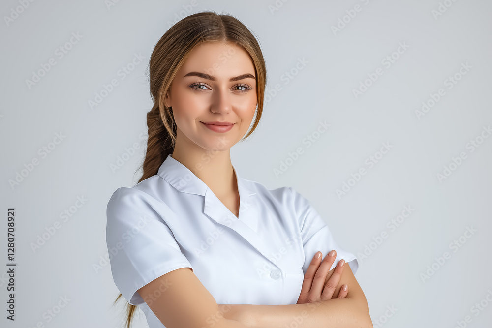 hospitable cosmetologist in a white coat on a white background hospitable cosmetologist in a white coat on a white background