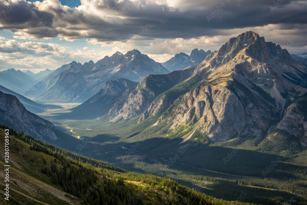 Fototapeta premium Majestic mountain landscape with lush valleys and dramatic clouds