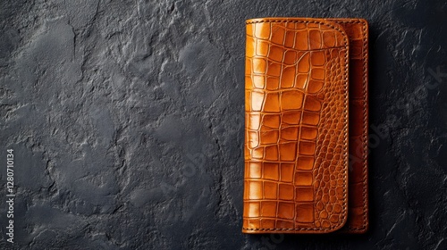 A crocodile leather wallet in rich amber tone placed on a textured dark gray background