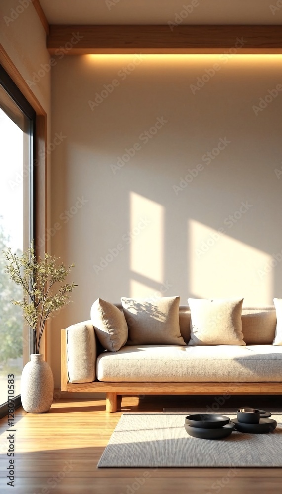 Fototapeta premium A minimalistic modern living room with natural light and beige tones.