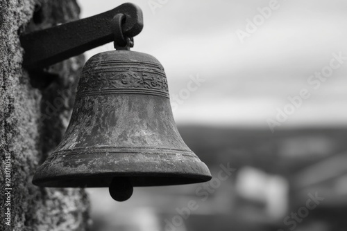 A bell hangs from the exterior wall of a building, likely in a urban or city setting