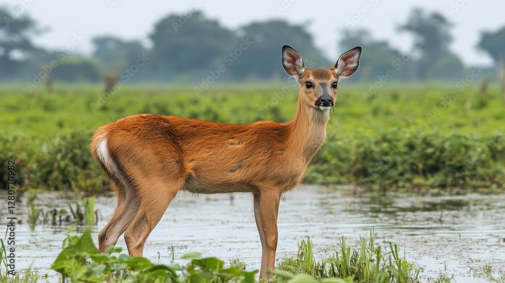 A mesmerizing image of a Chinese water deer standing in a misty wetland, its small fangs visible as it gazes curiously at the camera. A mesmerizing image of a Chinese water deer standing in a misty wetland, its small fangs visible as it gazes curiously at the camera.