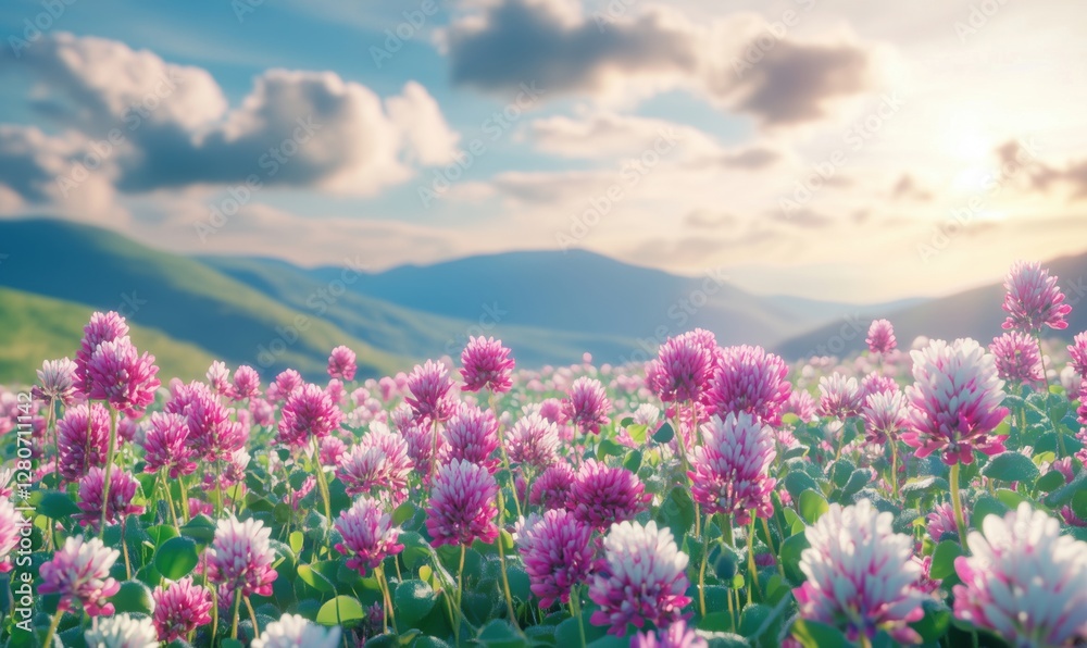 Vibrant field of pink and white clover flowers under a scenic mountain landscape Vibrant field of pink and white clover flowers under a scenic mountain landscape