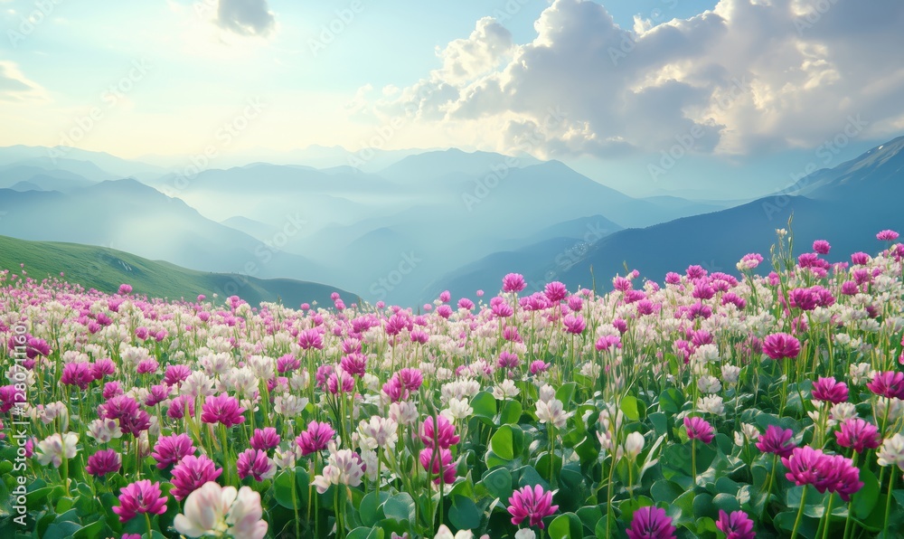 Vibrant flower field in mountainous landscape during sunrise with soft clouds Vibrant flower field in mountainous landscape during sunrise with soft clouds