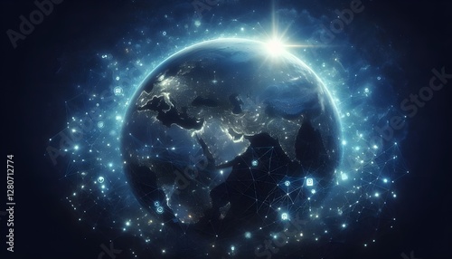 Night earth global virtual internet world connection of metaverse technology network digital communication and worldwide networking on connect 3d background.
