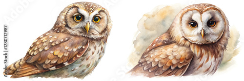 Detailed watercolor owls, realistic animal art, nature illustration, bird portraits, wildlife decor, artistic print.