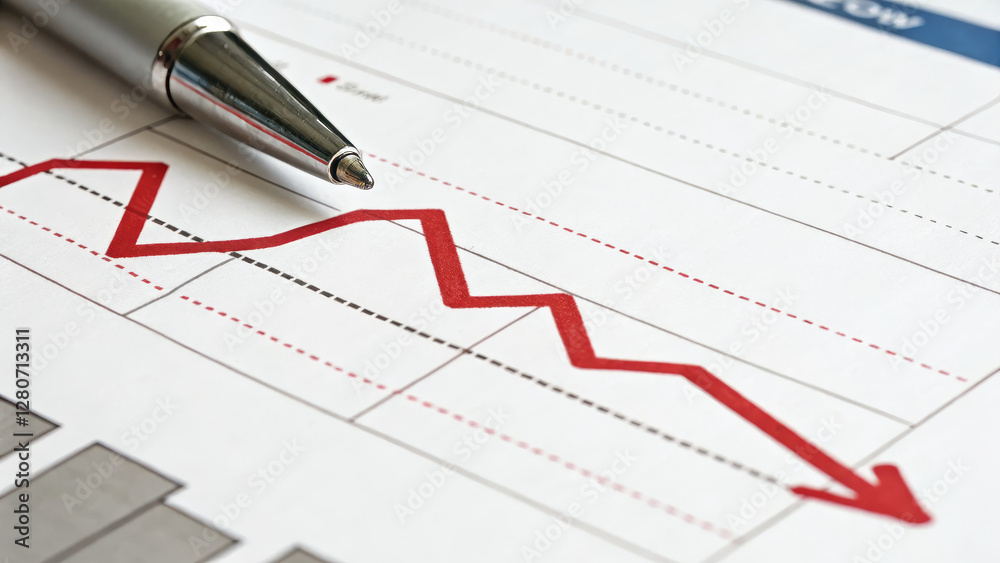 Declining graph with red line and pen on financial report