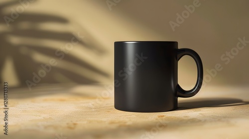 Black coffee mug placed on wooden table with a simple background and natural lighting