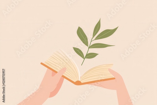 Open book with green plant sprouting from pages in gentle hands