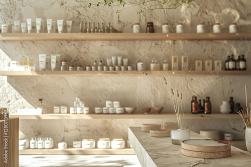 Organic cosmetics store interior with shelves filled with natural skin care products and supplements. Bright shop design with eco friendly, plant based bio products displayed in a luxurious retail spa