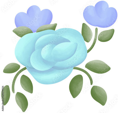 Illustration of a small blue rose blooming.