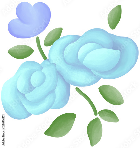 Illustration of a small blue rose blooming.