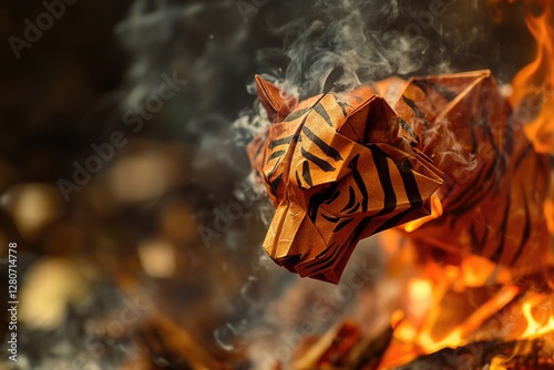 A handcrafted paper sculpture of a tiger perched on top of flames, conveying creativity and imagination photo