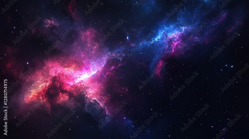 Naklejka premium deep-space night sky image, showcasing a vivid galaxy cluster against a black cosmic void