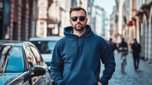A man in sunglasses and a blue hoodie stands on the street of an old European city, next to his car. He has short hair with some facial stubble. Ai generated