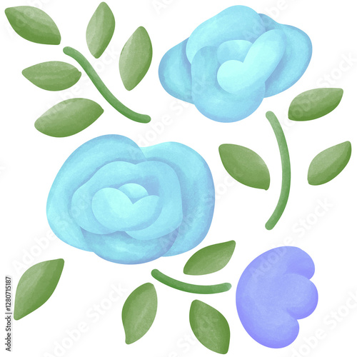 Illustration of a small blue rose blooming.