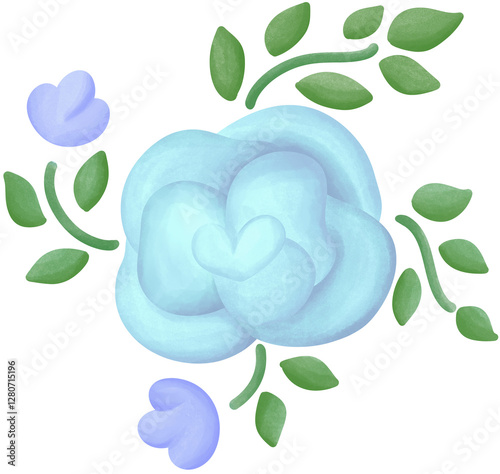 Illustration of a small blue rose blooming.