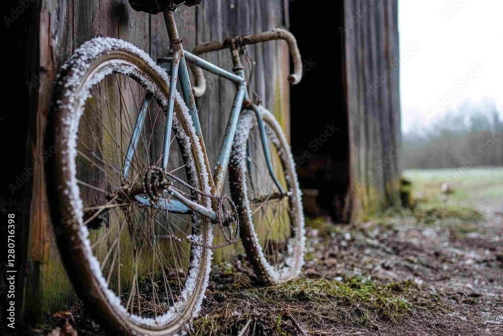A dirty bike leans against a rustic barn door, perfect for rural or country-themed designs A dirty bike leans against a rustic barn door, perfect for rural or country-themed designs