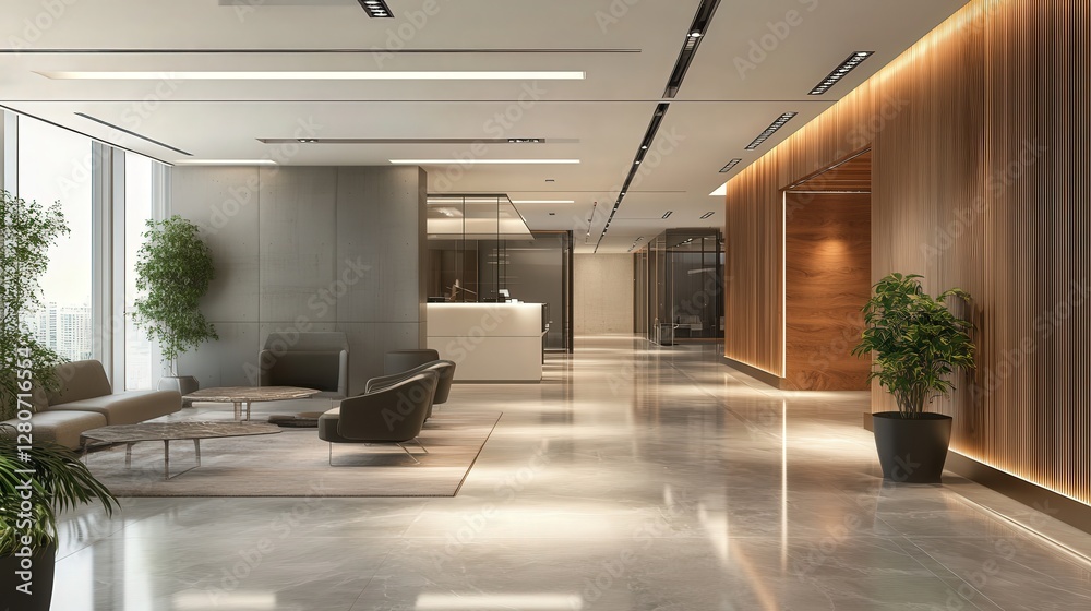 Fototapeta premium office lobby with hidden air purifiers within the walls, maintaining a premium experience