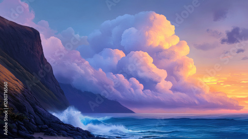 Coastal Clouds: A serene coastal scene is bathed in the soft hues of a sunset. The waves gently caress the shore, the cliffs stand tall, and dramatic clouds fill the sky.