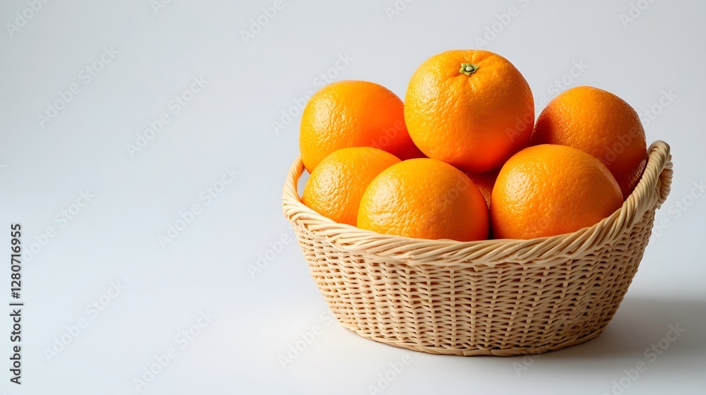 Basket filled with fresh oranges on wooden table with natural lighting and textured surface Basket filled with fresh oranges on wooden table with natural lighting and textured surface