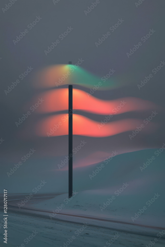 Captivating Twilight Landscape with a Colorful Light Pole Illuminating the Tranquil Foggy Horizon at Dusk, Evoking Serenity and Artistic Minimalism Captivating Twilight Landscape with a Colorful Light Pole Illuminating the Tranquil Foggy Horizon at Dusk, Evoking Serenity and Artistic Minimalism