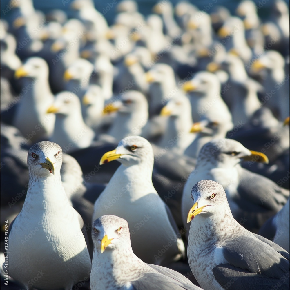 Fototapeta premium Seagulls huddled on the beach