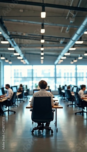 people working in an open office space with large windows.