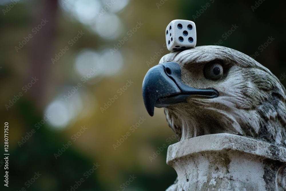 A majestic eagle with a dice perched on its head, suitable for use in gaming or fantasy themes