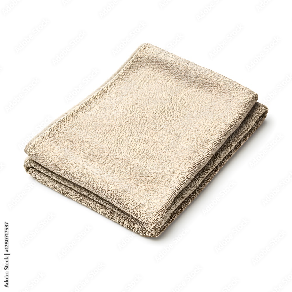 Folded beige kitchen towel on white background showcasing neat and simple kitchen decor Folded beige kitchen towel on white background showcasing neat and simple kitchen decor